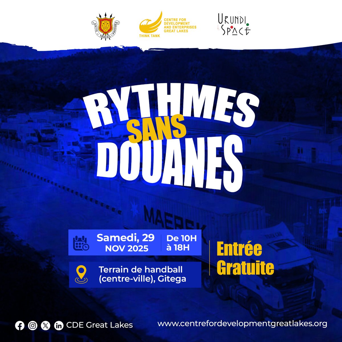 📍Le 29 novembre à Gitega, l’art traverse les frontières.
Rythmes Sans Douanes :

🎭 Expo-vente (10 stands), panel sur la liberté d’échange culturel, et spectacle vivant.

💵 Entrée gratuite. 

😊 Laisse-toi porter par le rythme

facebook.com/share/p/1AdmBn…