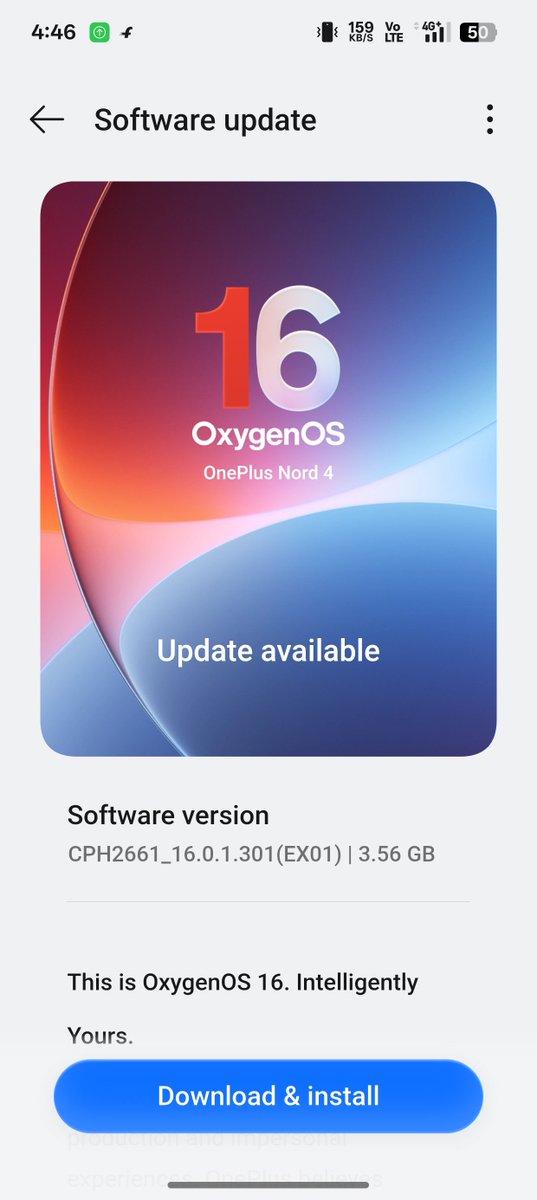 yabhishekhd's tweet image. OnePlus Nord 4 is receiving the Android 16-based OxygenOS 16 update. The update weighs 3.56GB. 

This is a beta update — to install it, go to Settings &amp;gt; System and updates, tap the three dots in the top-right corner, select Beta program, choose Release candidate, and download the…