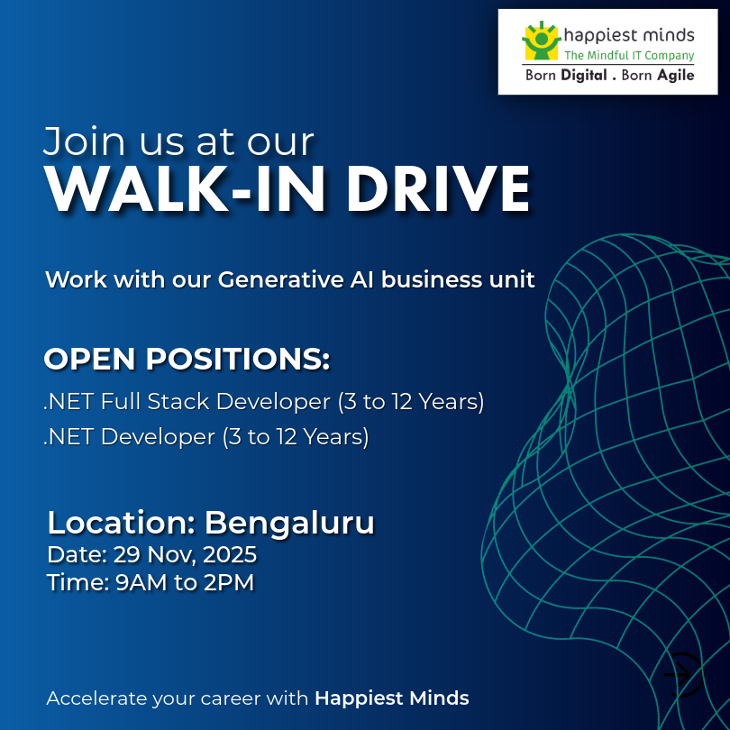 HappiestMinds's tweet image. Join our Generative AI Business Unit! 

We are hiring: 
👨‍💻 .NET Full Stack Dev (3 to 12 years) 
👩‍💻 .NET Dev (3–12 yrs)

Walk‑in Saturday!

📩 careers.gbs@happiestminds.com 

📍Venue: shorturl.at/mZxyF

#Hiring #DotNet #DotNetFullStack #BengaluruJobs #HappiestMinds