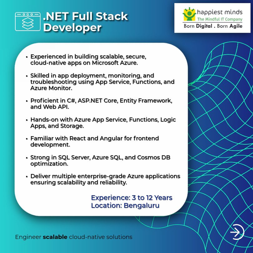 HappiestMinds's tweet image. Join our Generative AI Business Unit! 

We are hiring: 
👨‍💻 .NET Full Stack Dev (3 to 12 years) 
👩‍💻 .NET Dev (3–12 yrs)

Walk‑in Saturday!

📩 careers.gbs@happiestminds.com 

📍Venue: shorturl.at/mZxyF

#Hiring #DotNet #DotNetFullStack #BengaluruJobs #HappiestMinds