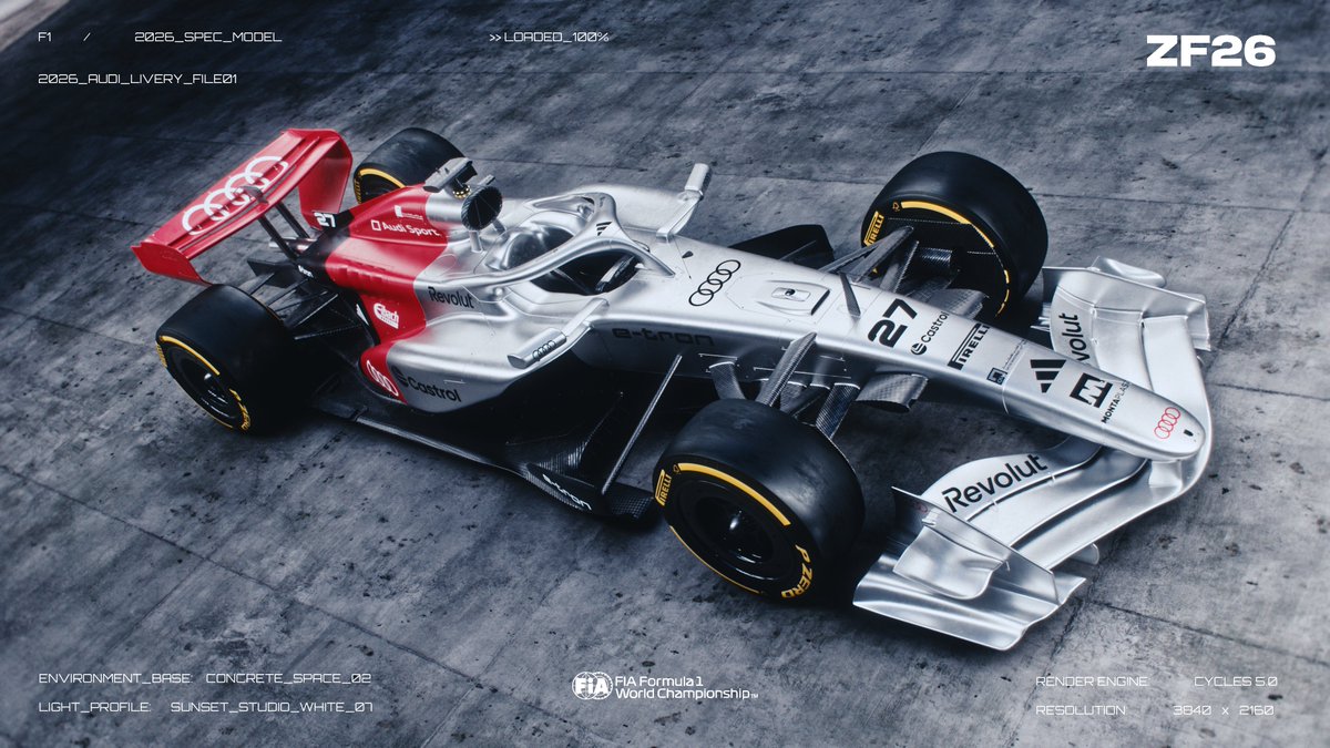 zordewfx's tweet image. Inspired by Audi’s official sponsor-free livery concept unveiled in November 2025, this design translates the brand’s new visual identity into the aerodynamic canvas of a 2026-spec Formula 1 car.

#F1 #F12026 #blender3d #FIA #audiF1