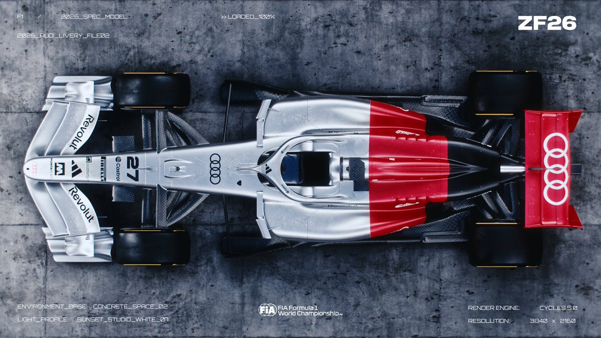 zordewfx's tweet image. Inspired by Audi’s official sponsor-free livery concept unveiled in November 2025, this design translates the brand’s new visual identity into the aerodynamic canvas of a 2026-spec Formula 1 car.

#F1 #F12026 #blender3d #FIA #audiF1