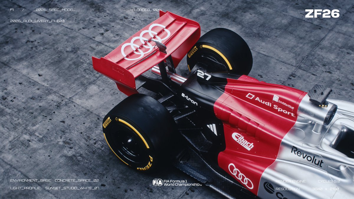 zordewfx's tweet image. Inspired by Audi’s official sponsor-free livery concept unveiled in November 2025, this design translates the brand’s new visual identity into the aerodynamic canvas of a 2026-spec Formula 1 car.

#F1 #F12026 #blender3d #FIA #audiF1