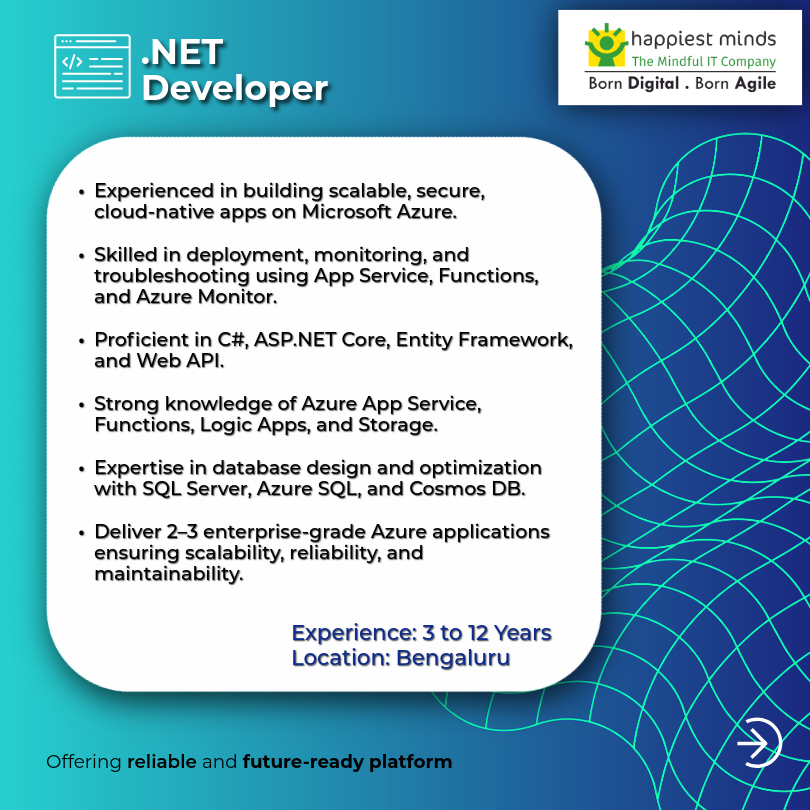 HappiestMinds's tweet image. Join our Generative AI Business Unit! 

We are hiring: 
👨‍💻 .NET Full Stack Dev (3 to 12 years) 
👩‍💻 .NET Dev (3–12 yrs)

Walk‑in Saturday!

📩 careers.gbs@happiestminds.com 

📍Venue: shorturl.at/mZxyF

#Hiring #DotNet #DotNetFullStack #BengaluruJobs #HappiestMinds