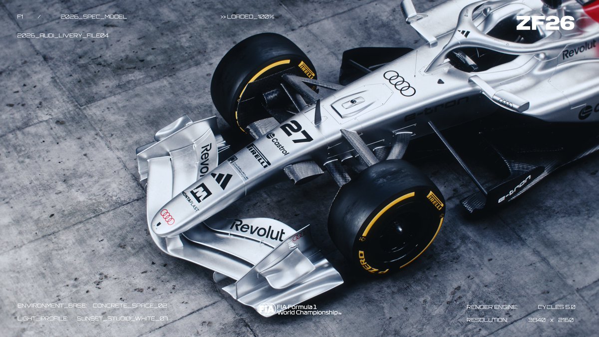 zordewfx's tweet image. Inspired by Audi’s official sponsor-free livery concept unveiled in November 2025, this design translates the brand’s new visual identity into the aerodynamic canvas of a 2026-spec Formula 1 car.

#F1 #F12026 #blender3d #FIA #audiF1