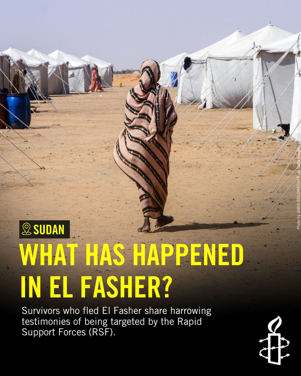 amnesty's tweet image. Survivors who escaped #ElFasher in Sudan’s North Darfur State have detailed to Amnesty International how fighters with the Rapid Support Forces (#RSF) executed scores of unarmed men and raped dozens of women and girls as they captured the city: amn.st/60187oBk8

We need…
