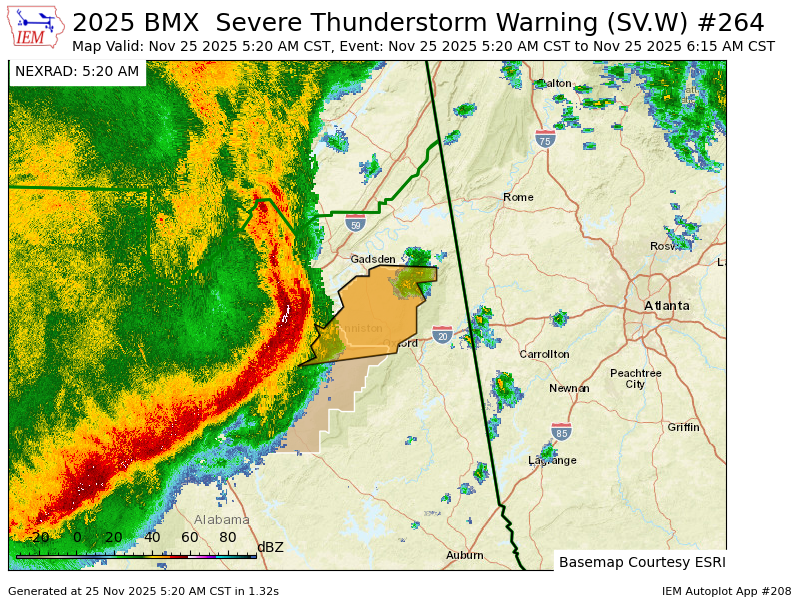 BMX issues Severe Thunderstorm Warning [damage threat: CONSIDERABLE, wind: 70 MPH (RADAR INDICATED), hail: <.75 IN (RADAR INDICATED)] for Calhoun, Talladega [AL] till 6:15 AM CST mesonet.agron.iastate.edu/vtec/f/2025-O-…