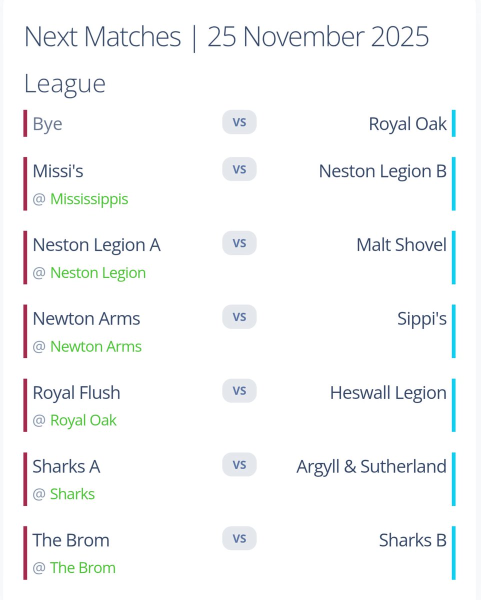 League Fixtures - Week 7
Tuesday 25th November 2025
Free Week - Royal Oak
8pm Scratch