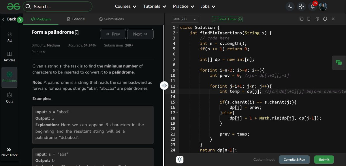 amanhaidry's tweet image. 🗓️Day-125/365 | #365DaysOfCode 💻| @geeksforgeeks

#DynamicProgramming in #DSA
✅Form A Palindrome
✅Longest Palindromic Subsequence

🔗Course Link: geeksforgeeks.org/nation-skill-u…
#skillupwithgfg #nationskillup #365DaysOfDSA #geeksforgeeks #gfg #365DaysOfcoding #coding #java