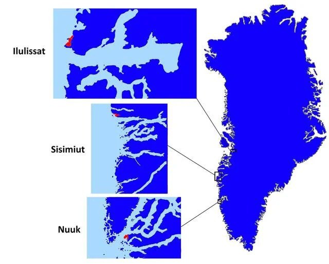 AlsoppJacob's tweet photo. This is Greenland, divided into two regions with equal populations

These three little red dots (the island's three largest settlements) and roughly the rest of Greenland have the same population. https://t.co/fNQN0Z9KGs