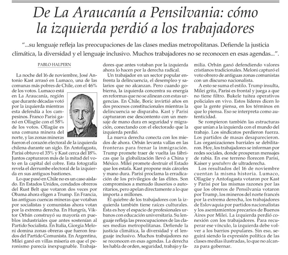 La izquierda reemplazó las agendas de los trabajadores por las de la diversidad y el lenguaje inclusivo. En el intertanto, la derecha habla de "orden, seguridad y trabajo". 

Y luego se preguntan por qué los sectores populares se volcaron a votar por Kast.