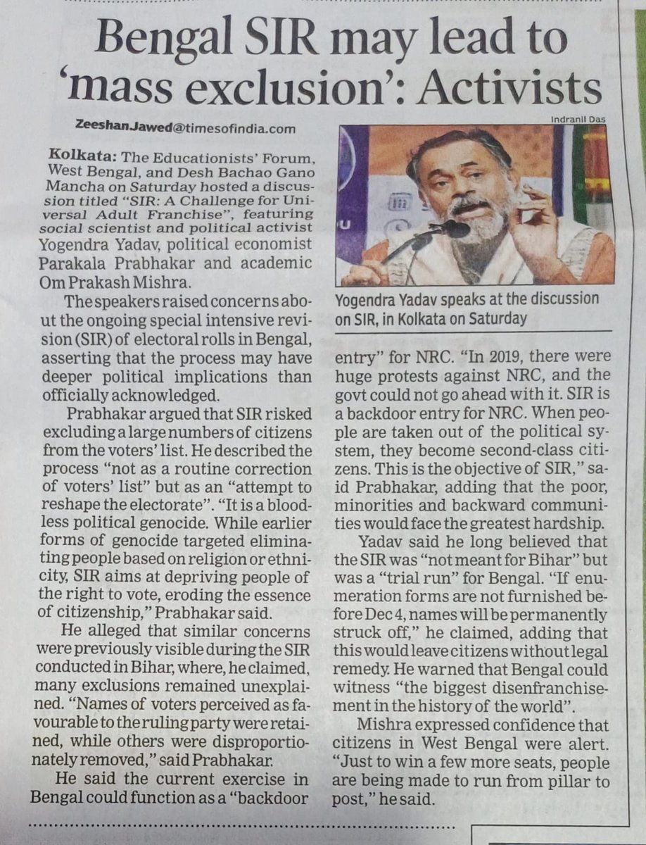 _YogendraYadav's tweet image. SIR का ट्रायल बिहार में हुआ 
असली इस्तेमाल बंगाल में होना है।