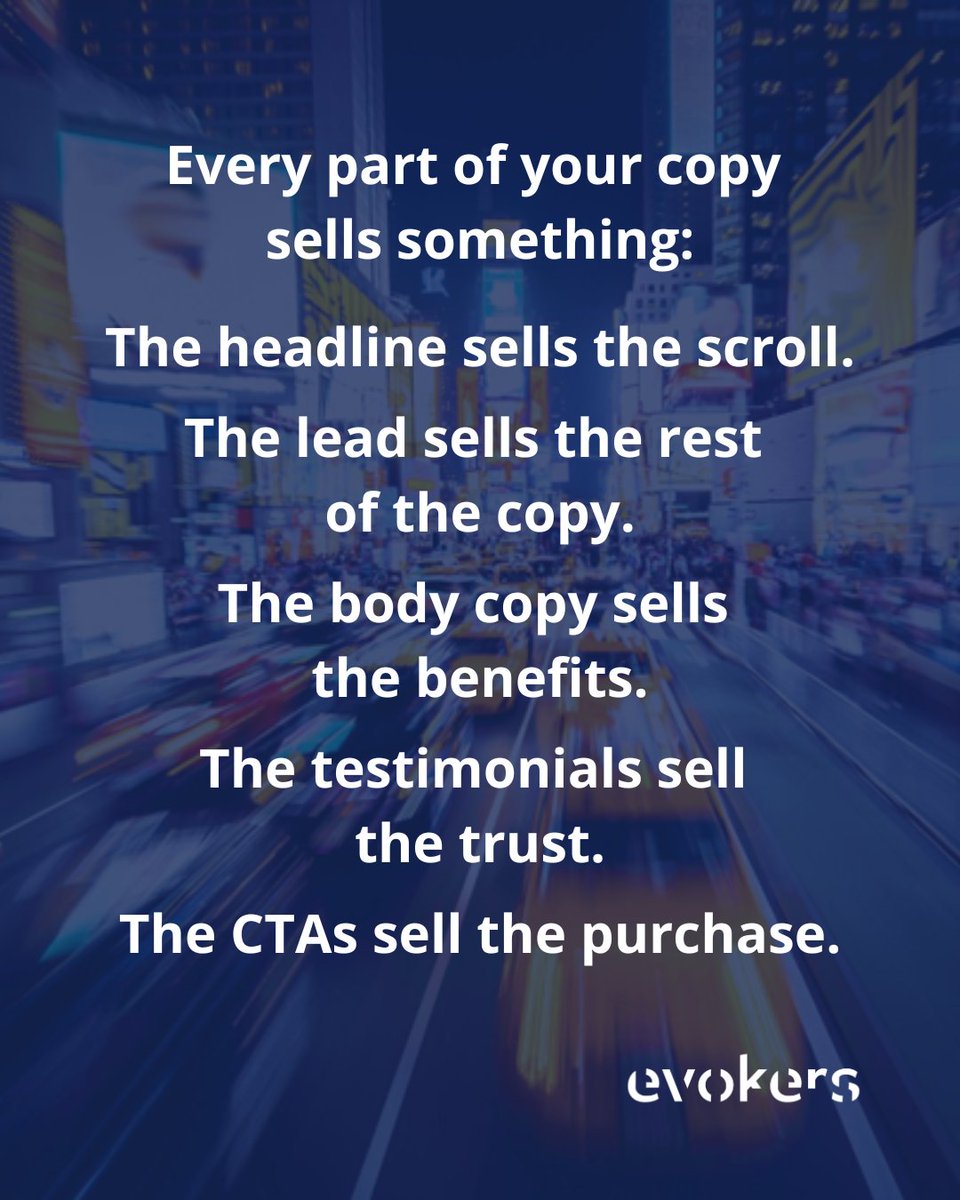 evokersbranding's tweet image. Every part of your copy sells something:
The headline sells the scroll.
The lead sells the rest of the copy.
The body copy sells the benefits.
The testimonials sell the trust.
The CTAs sell the purchase.

We create global #brands 
We are brand #evokers
evokers.gr