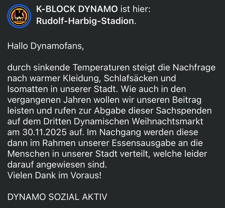 K_BLOCK_DYNAMO's tweet image. Hallo Dynamofans,

durch sinkende Temperaturen steigt die Nachfrage nach warmer Kleidung, Schlafsäcken und Isomatten in unserer Stadt…

#sgd1953 #dynamoland