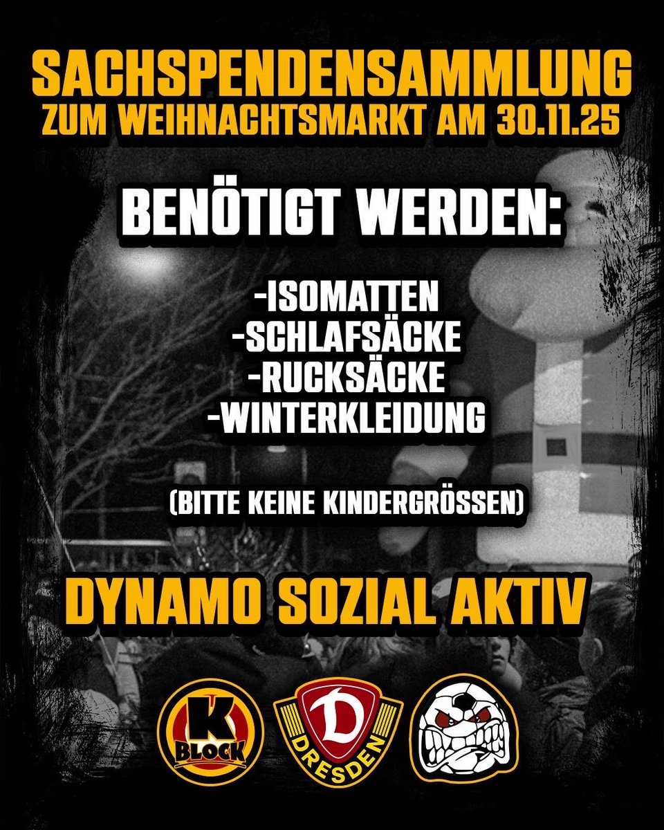 K_BLOCK_DYNAMO's tweet image. Hallo Dynamofans,

durch sinkende Temperaturen steigt die Nachfrage nach warmer Kleidung, Schlafsäcken und Isomatten in unserer Stadt…

#sgd1953 #dynamoland