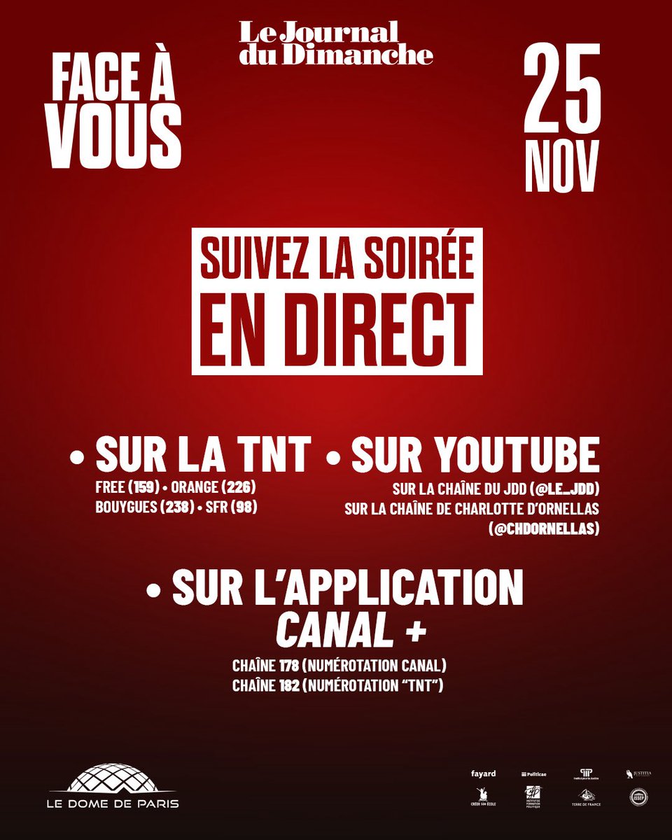 Nouv_Energie's tweet image. 📣 Après LCI, @davidlisnard sera présent ce soir à la soirée “Face à vous”, à partir de 21h45, organisée par @leJDD en direct du Dôme de Paris !

L’émission sera à suivre sur la TNT, YouTube et l’application Canal+.