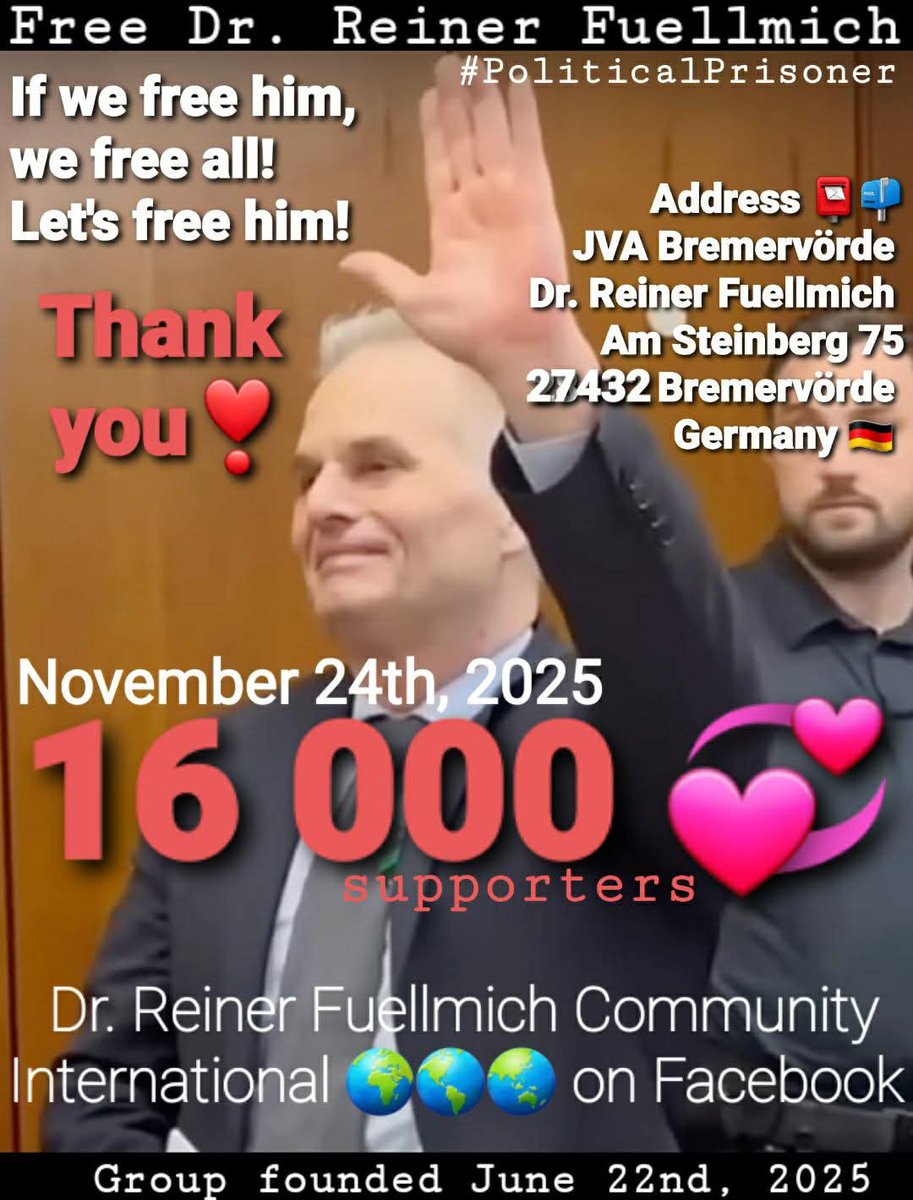 FreeFuellmich's tweet image. As you all know, on June 22nd, 2025, I founded a Facebook group &quot;Dr. Reiner Fuellmich Community International 🌍🌎🌏&quot; 
As a second pillar for Dr. #ReinerFuellmich. 
Well... 16 000 🎉❣
Reiner will surely be pleased about that!
💠facebook.com/share/g/19y5XZ…
#FreeReinerFuellmich ❤️‍🔥❤️‍🔥❤️‍🔥
