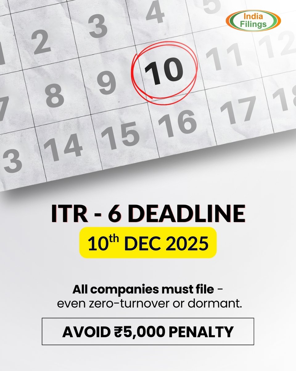 ⏰ The 10 December ITR-6 deadline is your company’s compliance checkpoint for the entire financial year. Whether your company is active, dormant, or had zero activity, filing is still mandatory.

👉 File your ITR-6 and stay worry-free.

Visit our website: IndiaFilings.com/Company-Annual…