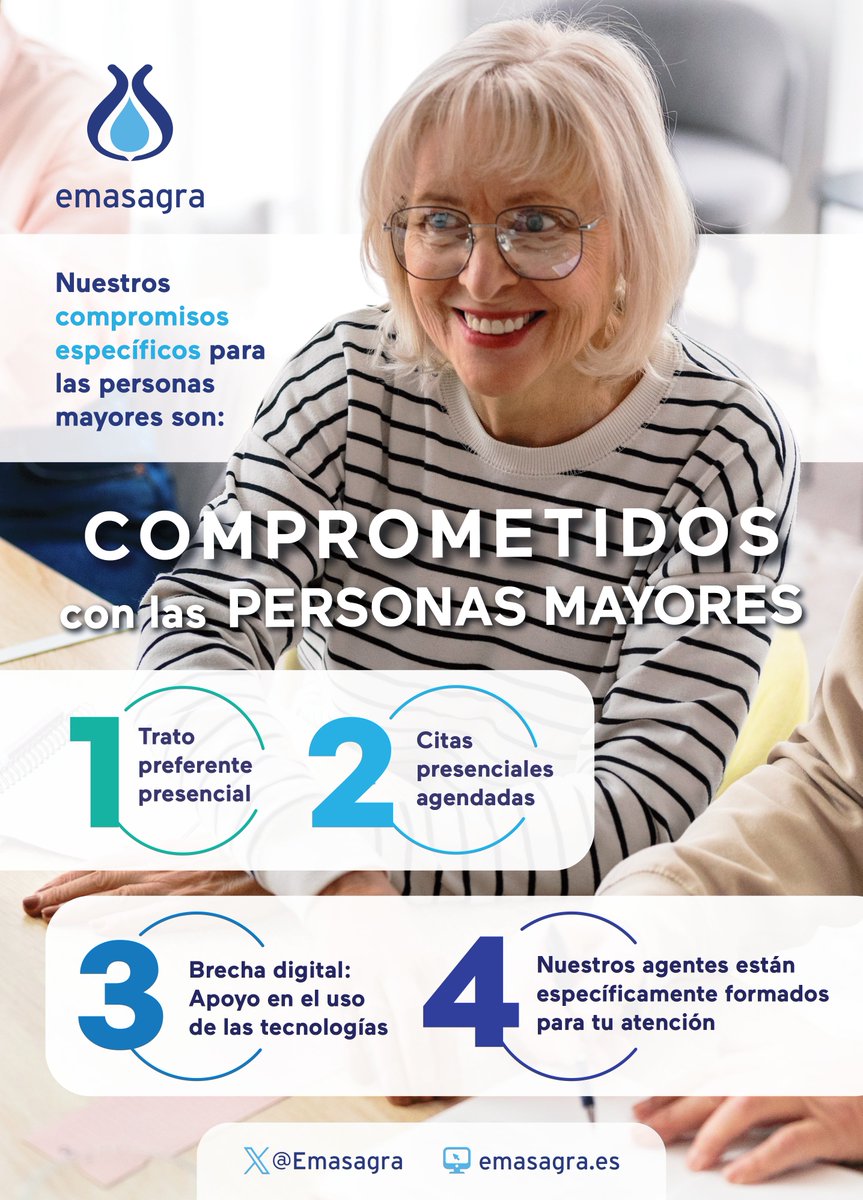 Ponemos a las personas en el centro.  Reforzamos la atención a nuestros #mayores con:
✅Trato preferente en nuestras oficinas.
✅Citas presenciales agendadas.
✅Formación y apoyo en el uso de las tecnologías. 
✅Formación específica del personal de Atención.
💙#EmasagraContigo