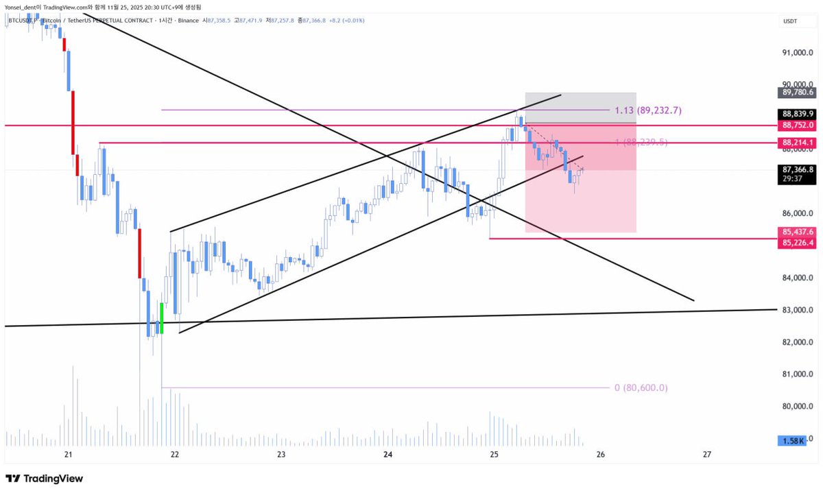 #BTC

1. 1.13 failed wave 저항 
2. 저항 구간에서의 매수 거래량 감소 및 매수 수요의 부재

* 상승 쐐기의 하방이탈 후 하단 리테스트 진행 중

* 아직 하방 Sellside Liquidity 구간에서의 유동성확보는 명확히 나타난 것은 없기에 빠른 가격회복이 없다면 상방 돌파가능성은 단기로는 조금 낮아진