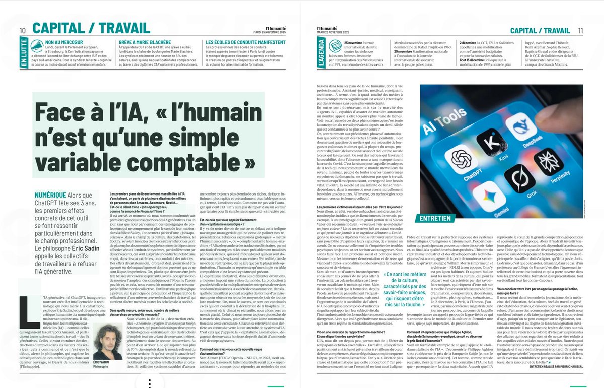 "Face à l'IA, l'humain n'est qu'une simple variable comptable'", entretien <a href="/humanite_fr/">L'Humanité</a> 
Et <a href="/Ph_Aghion/">Aghion Philippe</a>, qui raconte à peu près n'importe quoi et qui n'a rien compris à la fin du dogme schumpétérien de  "destruction créatrice", en prend pour son grade.
humanite.fr/social-et-econ…