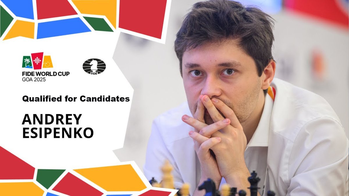 chessdom's tweet image. Andrey Esipenko is the final player to qualify for the FIDE Candidates 2026. The eight Candidates are Caruana  🇺🇸 Nakamura 🇺🇸 Giri 🇳🇱 Bluebaum 🇩🇪 Praggnanandhaa 🇮🇳 Sindarov 🇺🇿 Wei Yi 🇨🇳 and Esipenko