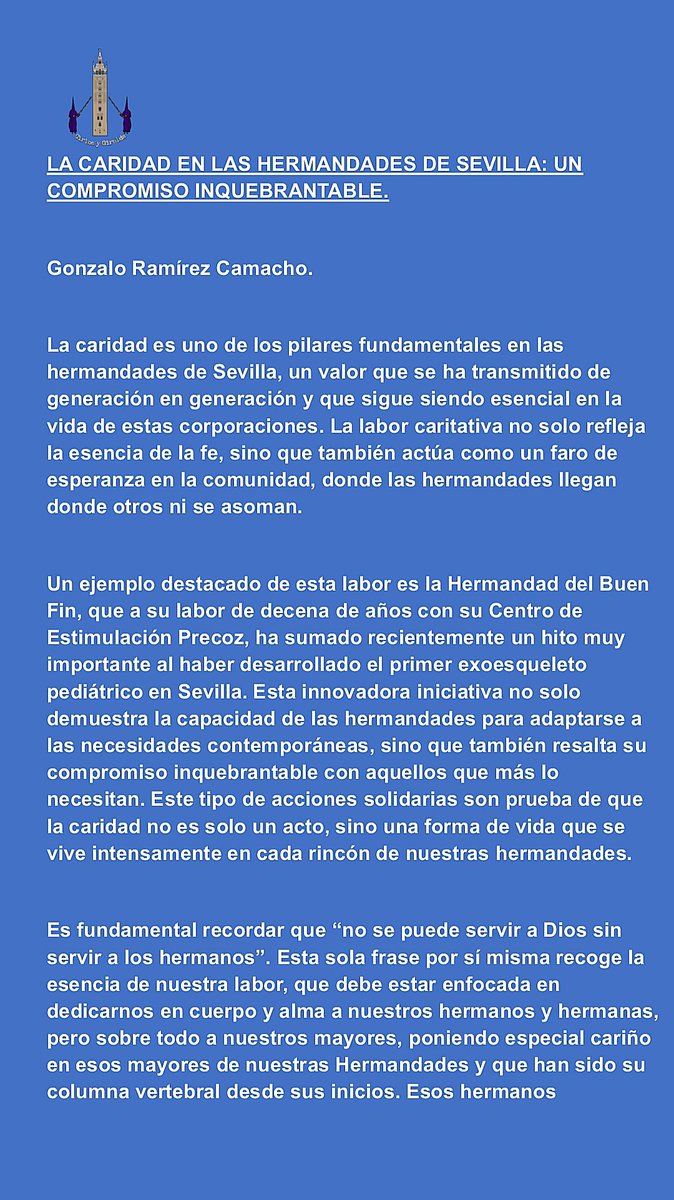gonzi_rc_06's tweet image. Los amigos de @ciriosygiralda me pidieron que colaborara con ellos pidiéndome la forma en como veo yo la caridad en las Hermandades.

Lo comparto aquí con vosotros:

La Caridad en las Hermandades de Sevilla: Un Compromiso Inquebrantable.