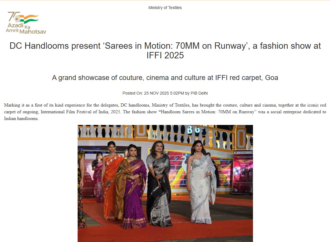 PIBTextiles's tweet image. .@dchandlooms01  present ‘Sarees in Motion: 70MM on Runway’, a #fashion show at IFFI 2025

Read more: pib.gov.in/PressReleasePa… 

@PIB_India @TexMinIndia