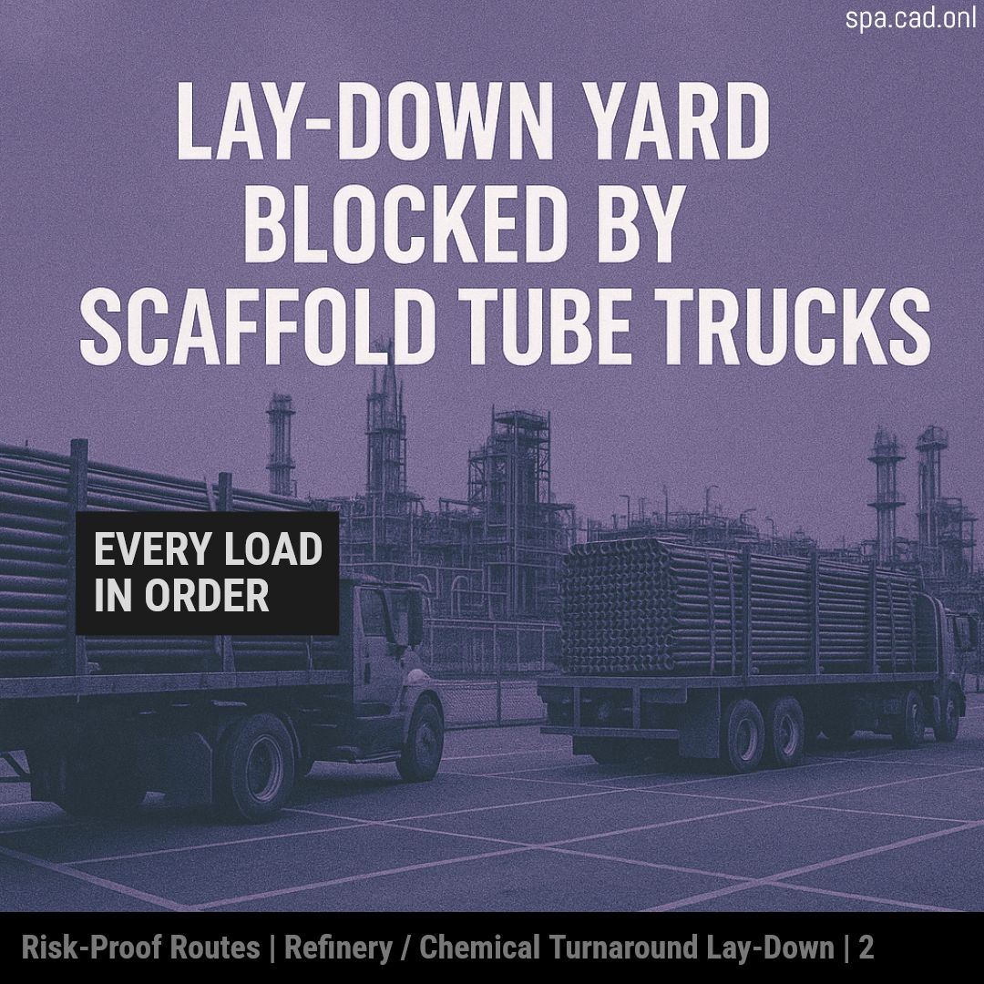 CADprecision's tweet image. Lay-down yard blocked by scaffold tube trucks.
SPA sequences deliveries so priority loads aren’t trapped during turnaround peaks.
Every load in order.
#IndustrialLogistics #RiskMitigation #PlantMaintenance
