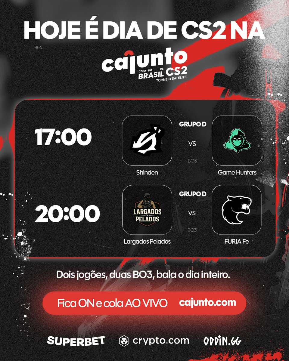 CajuntoCom's tweet image. HOJE TEM CS2 PESADO + QUIZ PRA AQUECER! 🔥 

17h → @ShindeNgg x @GameHuntersCS2
20h → Largados Pelados x @FURIA Fe    

Chega cedo: o quiz começa antes da primeira partida. Vale ponto, vale orgulho, vale zoeira.  

Cola  AO VIVO: cajunto.me/live