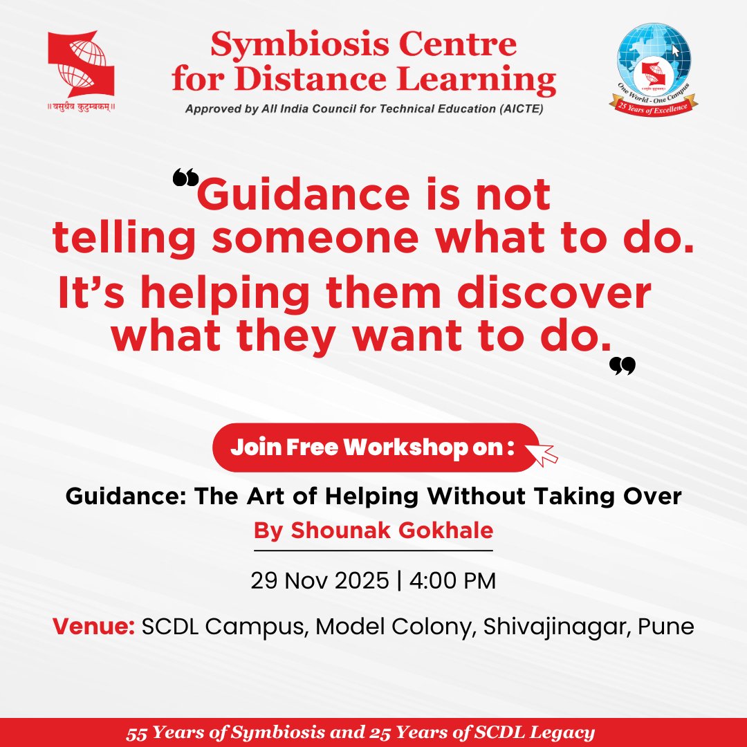SCDLSymbiosis's tweet image. Guidance is most effective when it empowers individuals to discover their own path. Join our free workshop, Guidance: The Art of Helping Without Taking Over, led by Shounak Gokhale, to understand how to guide without directing.

Register here: admissions.scdl.net/scdladmission/…

#SCDL