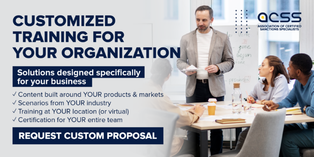 🎯 TRAINING BUILT AROUND YOUR BUSINESS

ACSS Customized Training Solutions, designed specifically for YOUR organization's needs.

#CustomTraining #CorporateTraining #ACSS #ComplianceSolutions #SanctionsCompliance #ExportControls #TeamTraining #ComplianceProgram