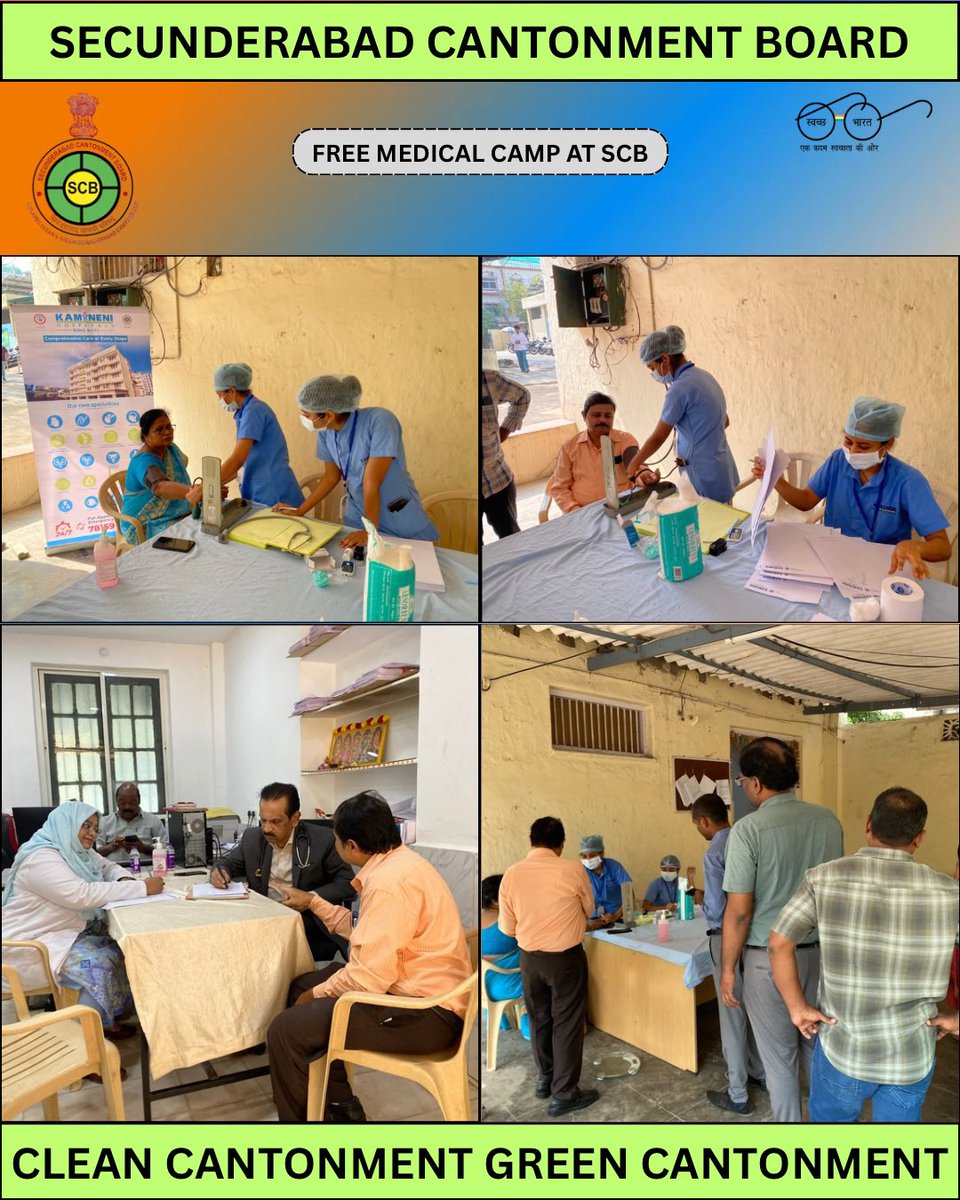 Secunderabad Cantonment Board, in collaboration with KamineniHospital, Bogulkunta King Koti,organised aFree MedicalCamp for the SCB officialstaff, ensuring theirwell-being and preventive healthcare.<a href="/RakshaSampada/">DGDE</a> <a href="/SpokespersonMoD/">Ministry of Defence, Government of India</a> <a href="/SwachhBharatGov/">Swachh Bharat Urban</a> <a href="/pddecc/">Principal Directorate Central Command</a> <a href="/PddeScPune/">PDDE Southern Command Pune</a> <a href="/MoHUA_India/">Ministry of Housing and Urban Affairs</a>