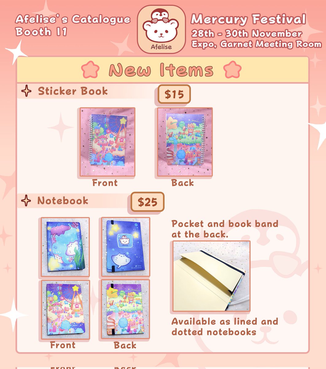 Afelise's tweet photo. Hello!
Sorry for posting late! Here is my full catalogue for Mercury Festival

New A5 sized notebook with band has arrived! They are available in lined and dotted. At the back of the book, there is pocket! It's good for storing stickers, papers, and etc. 

Part1 https://t.co/2FtIWMPqXf