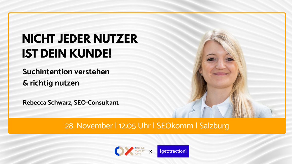 Am Freitag steht unsere Kollegin Rebecca Schwarz auf der Bühner der <a href="/oxd_at/">Online Expert Days</a> 🚀

Es geht um Suchintentionen &amp; wie wir diese nutzen können, um relevante Nutzer zu finden. 
Das Motto: "Nicht jeder Nutzer ist DEIN Kunde"

Der Vortrag läuft auf Stage 3 um 12:05 Uhr.

Wer ist auch da?
