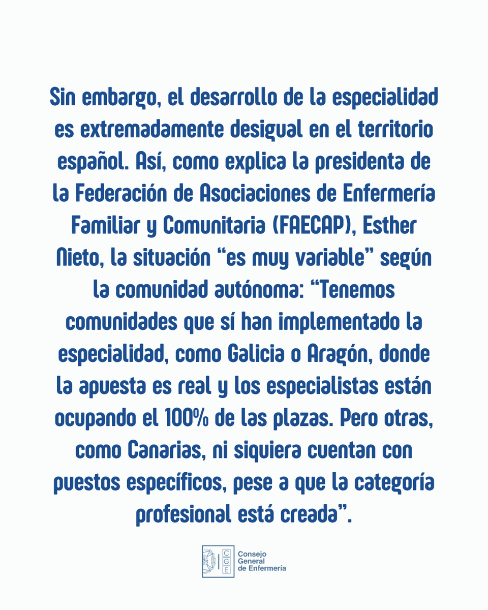 Este plan establece que, antes de finalizar 2025, todas las comunidades autónomas deben actualizar su normativa para garantizar que los nombramientos de enfermeras en Atención Primaria se cubran “de forma preferente por especialistas en Enfermería Familiar y Comunitaria”.