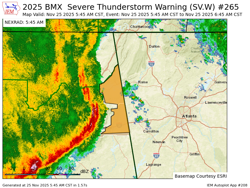 BMX issues Severe Thunderstorm Warning [wind: 60 MPH (RADAR INDICATED), hail: <.75 IN (RADAR INDICATED)] for Cherokee, Cleburne [AL] till Nov 25, 6:45 AM CST mesonet.agron.iastate.edu/vtec/f/2025-O-…