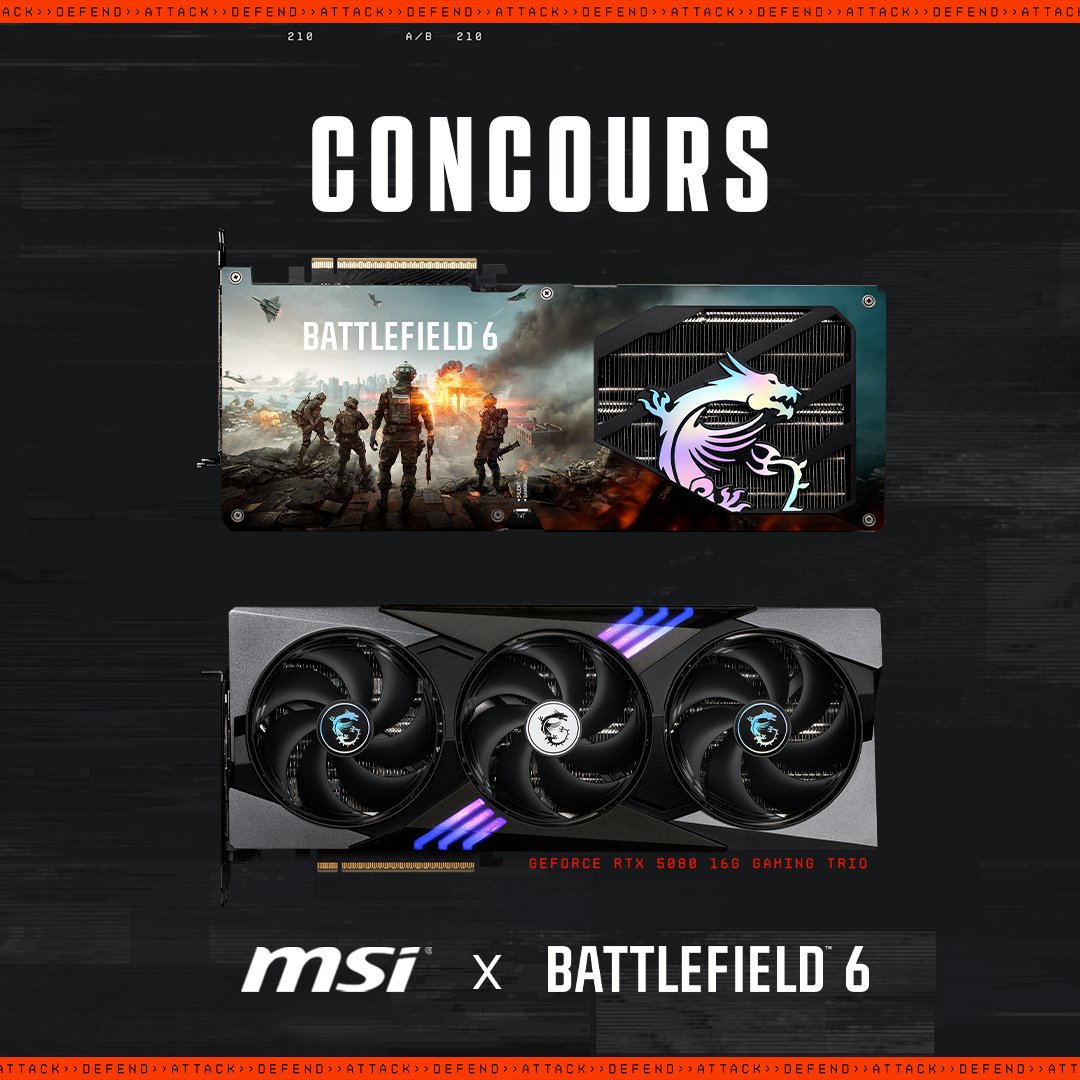 BattlefieldEAFR's tweet image. À l’occasion du tournoi Battlefield REDSEC Showdown, tentez de remporter une Geforce RTX 5080 collector aux couleurs de Battlefield !

1️⃣ Suivez @BattlefieldEAFR
2️⃣ RT ce post
3️⃣ Commentez #MSIxBATTLEFIELD6

Résultats du jeu concours après l’événement.