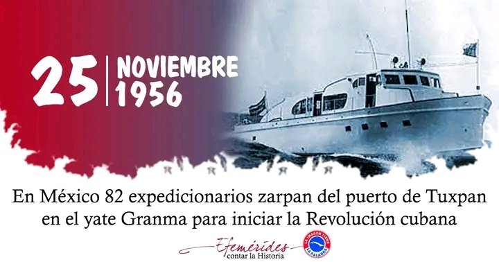 YudaniaReve's tweet photo. El 25 de noviembre en 1956, en una madrugada fría y lluviosa, con las luces apagadas, sigiloso, zarpó del puerto de Tuxpan, en #México, el yate Granma. Rumbo a #Cuba, venían 82 expedicionarios comandados por #FidelPorSiempre a cumplir la promesa de ser libres o mártires. https://t.co/e81husIWii