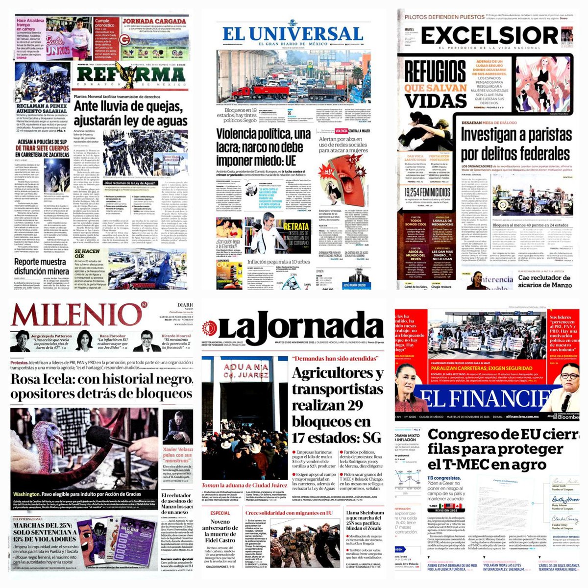 daniellemx_'s tweet image. Prensa en México ... #Reforma #ElUniversal #Excélsior #Milenio  #LaJornada #ElFinanciero #25noviembre2025