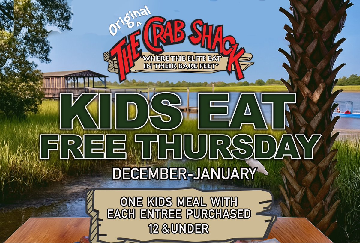 Thursdays just got a whole lot tastier!
Bring the kiddos to The Original Crab Shack and let them eat FREE while you kick back under the oak trees and enjoy Tybee’s best coastal escape.

#kidseatfree #tybee #family #savannah