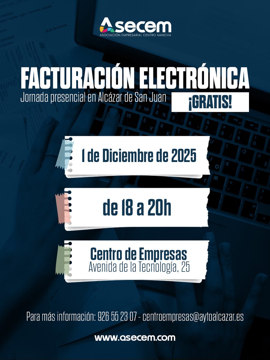 ASECEM1's tweet photo. 📢 Jornada gratuita y presencial sobre facturación electrónica.

Abierta a empresas, autónomos y emprendedores.
¡Plazas limitadas!

Inscríbete ya: centroempresas@aytoalcazar.es | 926 55 23 07
#FacturaciónElectrónica #Digitalización #ASECEM #AlcázarDeSanJuan #Empresas https://t.co/Qfm0BaC0fW