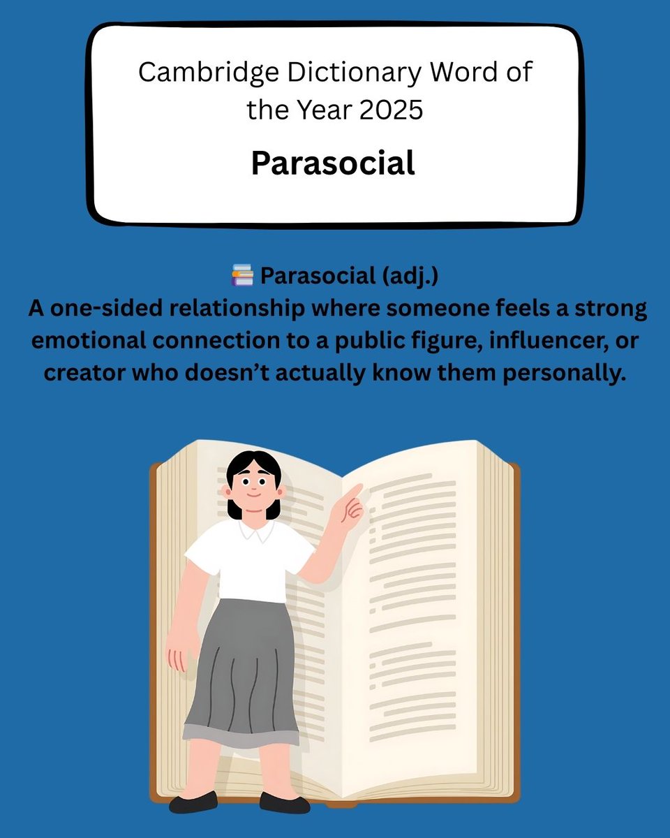 💥 Cambridge Dictionary Word of the Year 2025: PARASOCIAL 💥

Have you heard this year’s winning word?
👉 Parasocial = a one-sided relationship we feel with influencers, celebrities… or even AI!

#StudyWithHilderstonecollege #studyenglish #englishlearning #studyinengland
