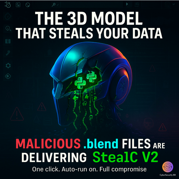 CSec88's tweet image. StealC Malware Delivered Through Blender Assets: A New Supply-Chain Threat Emerges
3D models are no longer just creative assets.
They’re becoming malware delivery tools.
#MalwareDev #CyberSecurity #CybersecurityNews 
Full Story 👉
cybersecurity88.com/news/malicious…