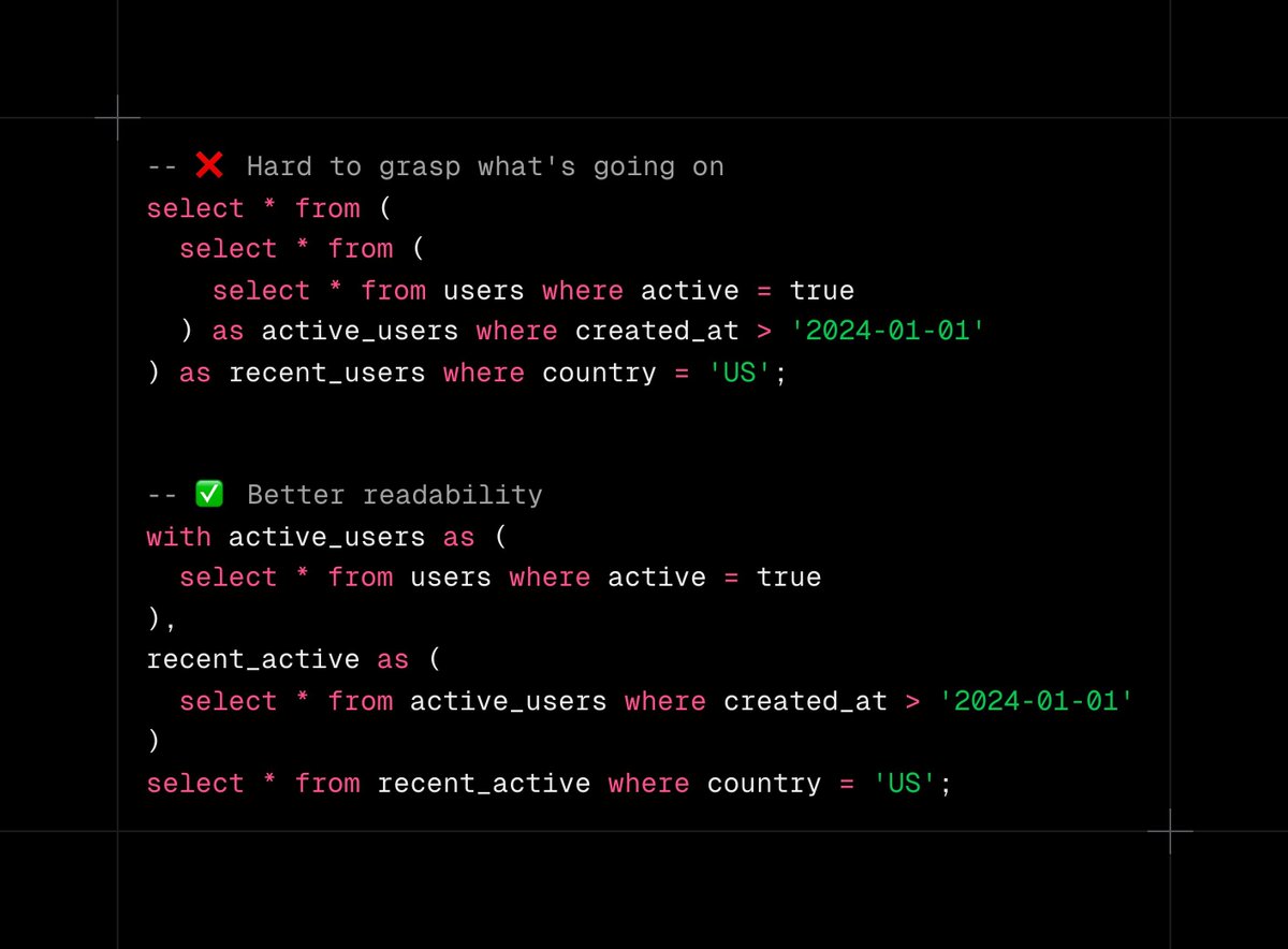 dshukertjr's tweet image. If you are writing complex nested subqueries, you might be better off using CTEs (common table expressions) to improve the readability!

CTE enables you to define a query and treat its output as a new table, allowing you to organize your queries in a hierarchical structure.