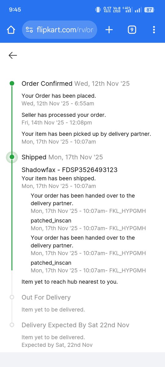 sqmoin's tweet photo. Dear @flipkartsupport @shadowfax_in क्या मै जान सकता हूं कि 17/11/25 को shipped हुआ लेकिन आज तक डिलीवर नहीं हुआ ऐसा क्यों https://t.co/EEdzJReL3L