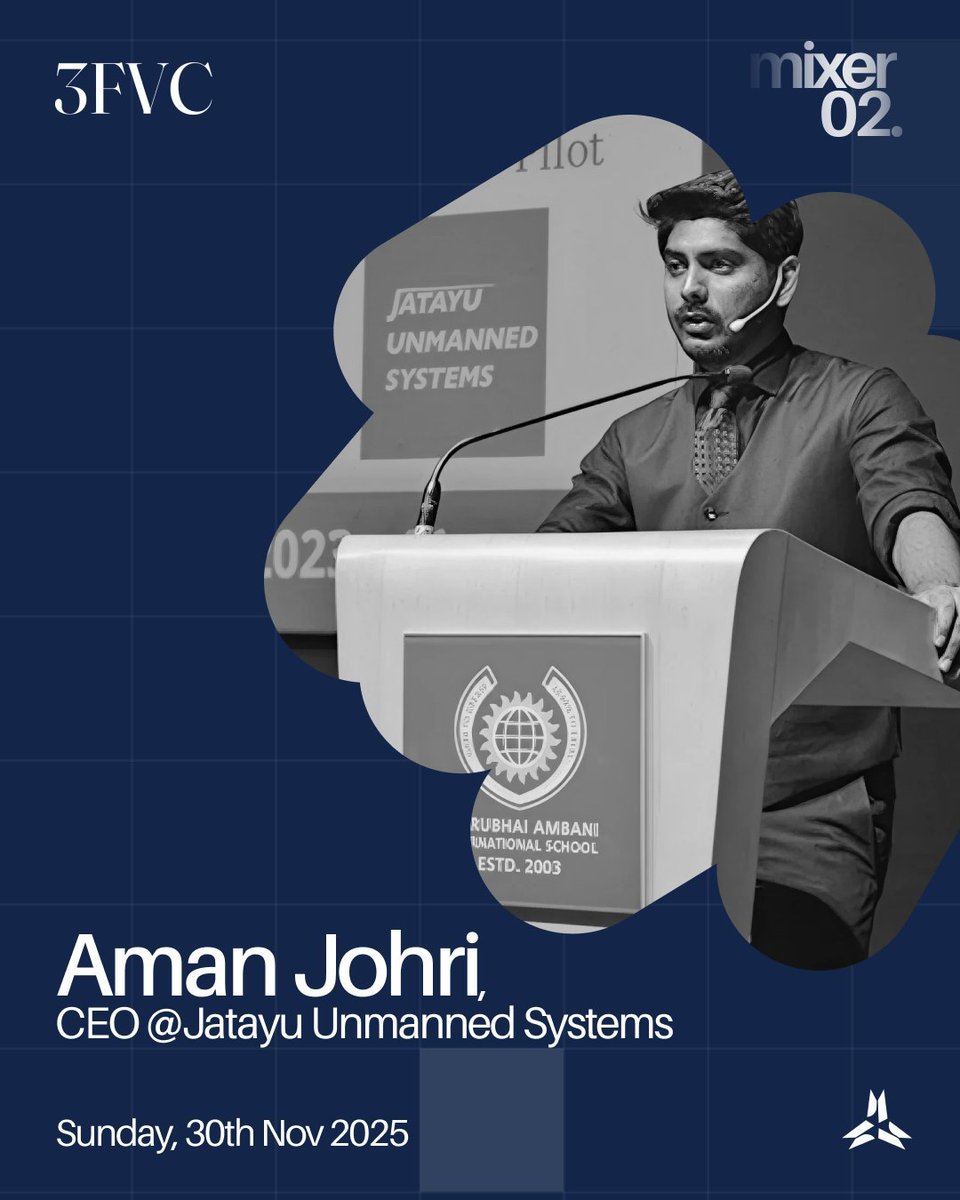 ProximaMumbai's tweet image. 🚀 Mumbai founders and operators, Mixer 02 is here.
We&apos;re hosting Aman Johri, CEO of Jatayu Unmanned Systems, this Sunday, 30 Nov.
Aman has been building in unmanned systems and aerospace, taking Jatayu from early prototypes to a focused, indigenous defence-tech company.