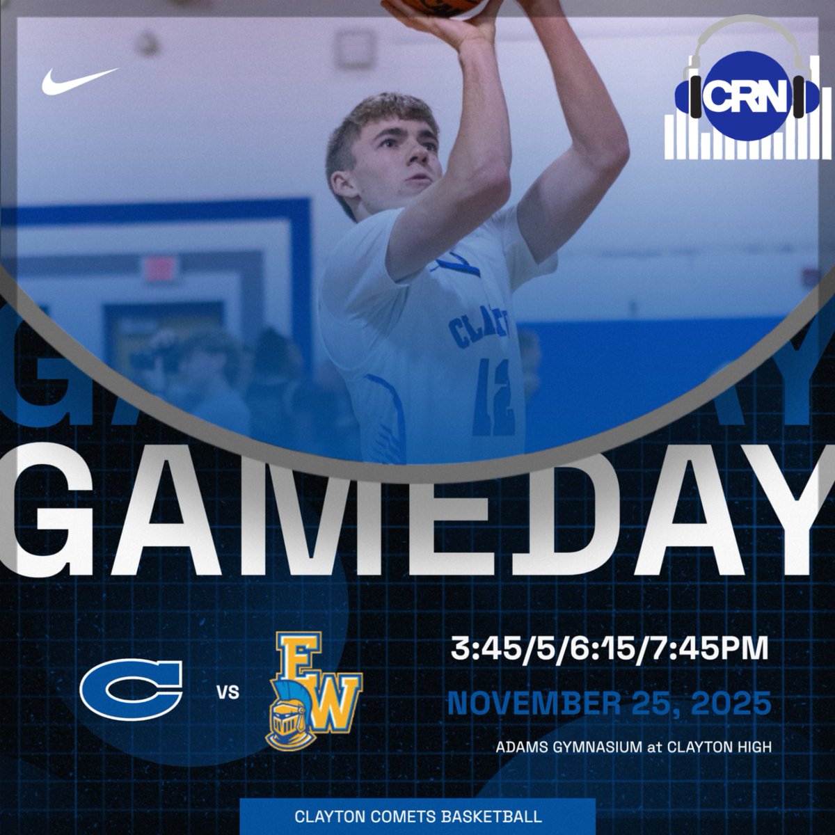 ClaytonCometsAD's tweet image. 🚨🏀 GAMEDAY🚨

🆚 East Wake
🏟 Adams Gym
📍 Clayton, NC
⏰ JVG: 3:45pm JVB: 5pm; VG: 6:15pm; VB: 7:45pm
🎟️ $10 cash at the door or GoFan
📺 bit.ly/ClaytonCometsL…
📡🎧 wearecrn.com

📸 @through_leos_lens

#GoComets
