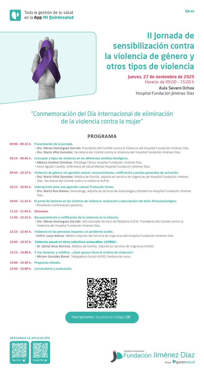 #Agenda 📆 Para conmemorar el Día Internacional de la Eliminación de la Violencia contra la Mujer, este jueves nuestro hospital celebra su II Jornada de sensibilización contra la violencia de género y otros tipos de violencia. Inscríbete para asistir