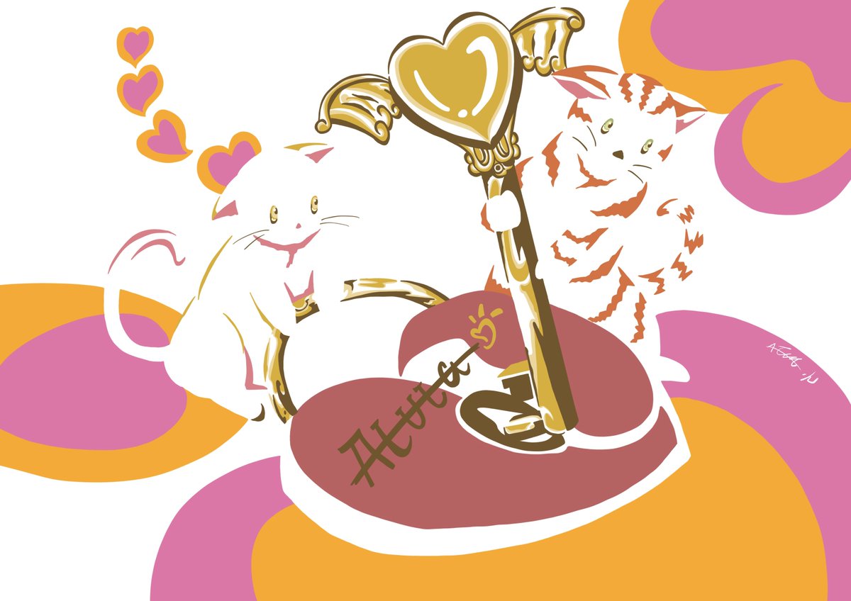necodouraku's tweet image. ハートの南京錠と猫たちの可愛い絵です。猫たち自身の愛を永遠にするものなのでしょうか。それとも、猫たちにとって誰か大切な人の恋を応援しているのでしょうか。
#芸術 #猫 #cat #mind #心 #illustration #illustrationart #イラスト #Oracle  #北海道 #旅 #digitalart    #ハート #愛 #heart #love
